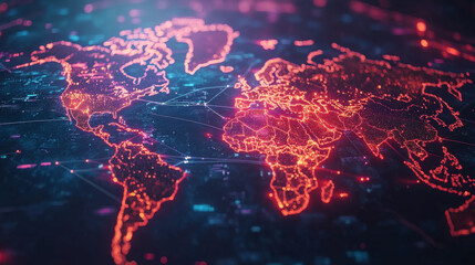 Poster - high tech world map with glowing data streams and connections