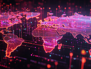 Poster - High tech world map with glowing data streams and vibrant colors