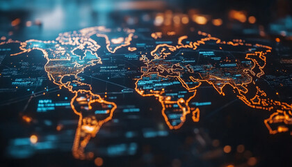 Poster - world map with holographic technology showcasing global connections and data