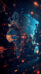 Poster - digital world map with glowing tech elements and data streams