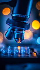 Poster - Microscope focusing on samples with vibrant bokeh background lights