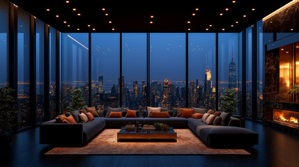 Wall Mural - Cityscape Living: A luxurious living room with a panoramic view of a glittering city skyline at night. The sleek, modern design features a plush sectional sofa, a contemporary coffee table, and warm.