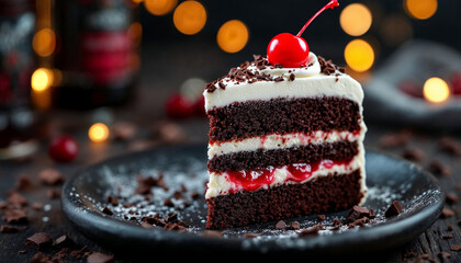 Wall Mural - A slice of Black Forest cake with chocolate, cream, and cherry topping.