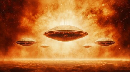 Poster - Futuristic Spaceships Descend Over Ethereal Landscape in Fiery Orange Atmosphere with Cosmic Background