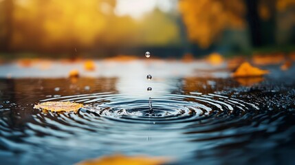 Poster - Close-Up of Water Droplet Falling into Calm Rippling Pond Surrounded by Autumn Leaves and Warm Sunshine