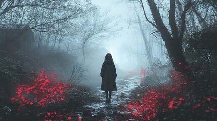 Poster - Mysterious Figure in Foggy Forest Path