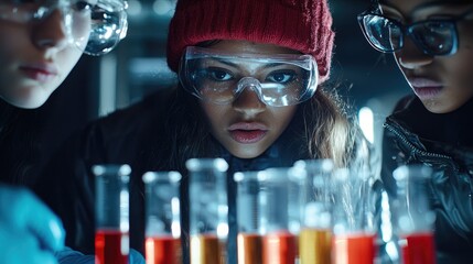 Poster - Young Scientists Conducting Experiments with Colorful Liquids in Laboratory Setting Fostering Curiosity and Learning