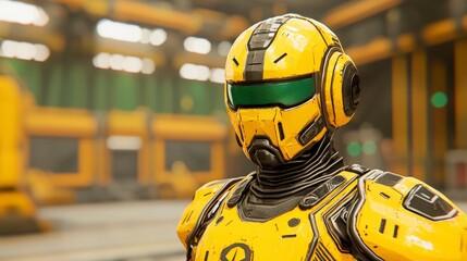 Poster - Futuristic Yellow Robot Soldier in High-Tech Industrial Environment with Reflective Visor and Detailed Armor Design