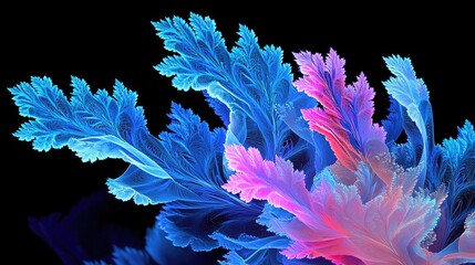 Poster - Colorful Abstract Fractal Design with Blue and Pink Leafy Shapes on Black Background