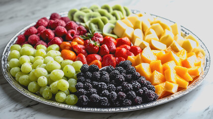 Wall Mural - Vibrant Fresh Fruit Platters Delicious Healthy Snack Colorful Plate of Seasonal Fruits Organic Freshness Nutrition Aesthetic Presentation Gourmet Culinary Delight