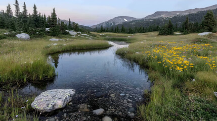 Poster - Serene Meadow with Calm Water, Colorful Wildflowers and Majestic Mountains in Background