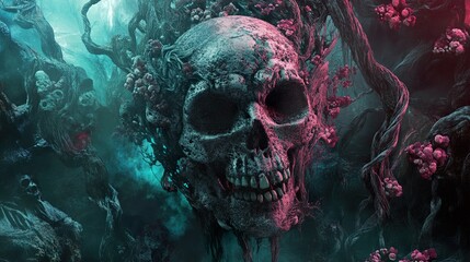 Wall Mural - Surreal Skull in Twisted Tree: Dark Fantasy Art