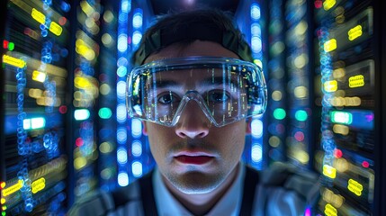 Leinwandbilder - Close-Up Portrait of a Technician in Protective Gear Surrounded by High-Tech Server Equipment in a Data Center Environment