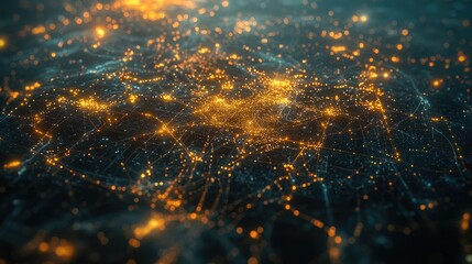 Leinwandbilder - Abstract Digital Network with Glowing Nodes and Connecting Lines in Dark Atmosphere