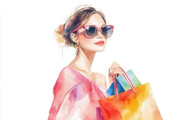 Stylish woman with sunglasses holding colorful shopping bags in vibrant colors, embodying leisure and modern fashion.