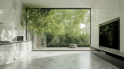 Modern kitchen and living room with large window overlooking lush garden.