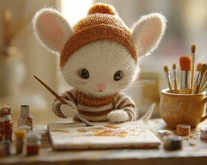 Wall Mural - A cute mouse artist paints a picture. AI.