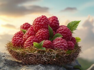 Canvas Print - Raspberries nestled in a mossy nest. AI.