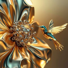 Wall Mural - Golden hummingbird feeding from a metallic flower. AI.