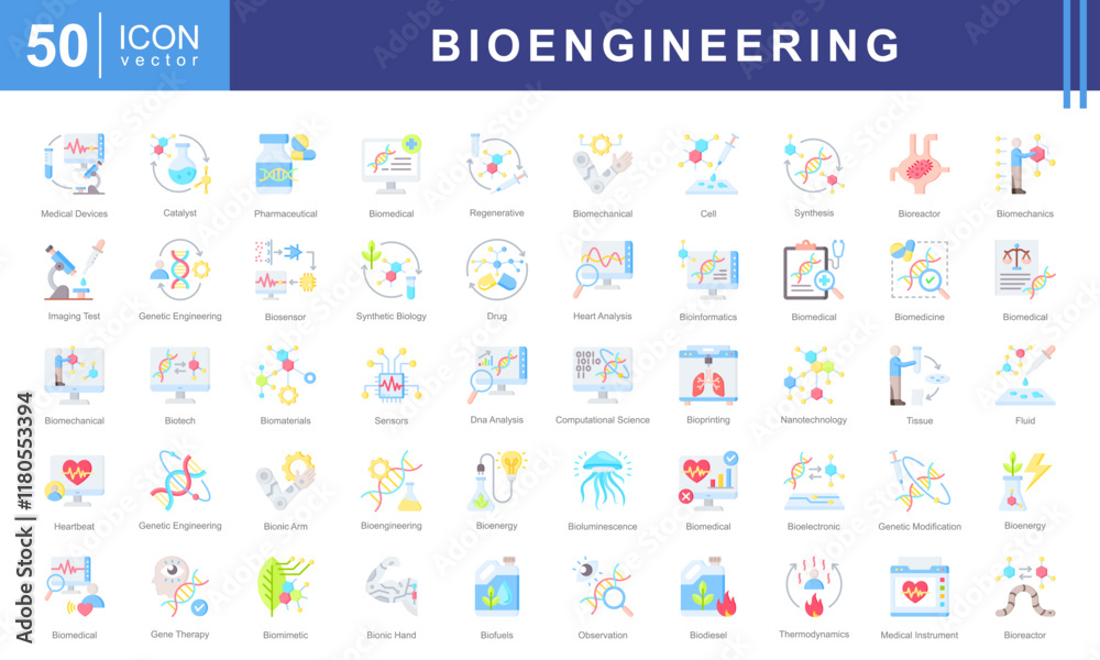 Bioengineering icon set of biomedical, bioluminescence, model, mineral ...