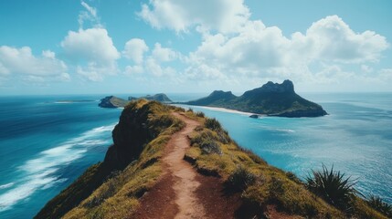 Scenic coastal trail on a clifftop overlooking a turquoise ocean and islands under a blue sky with fluffy clouds.