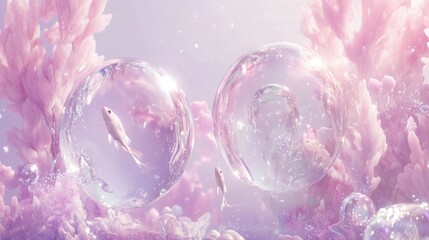 Wall Mural - two transparent spheres containing fish, surrounded by pink coral and bubbles in a dreamy underwater