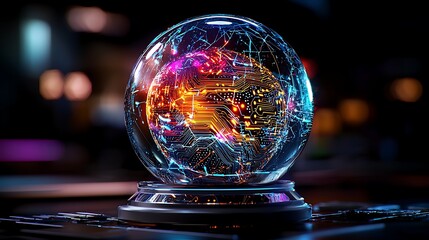 Crystal ball displaying futuristic global network.