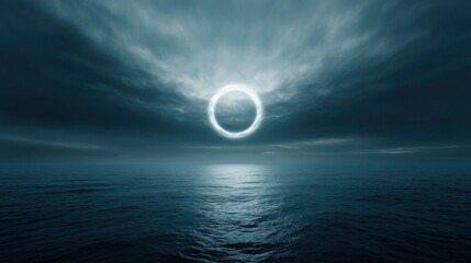 Wall Mural - glowing ring above dark ocean and stormy sky.