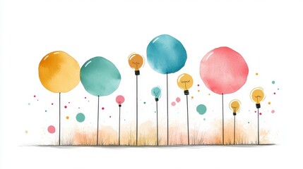 Poster - Colorful Watercolor Balloons with Light Bulbs Against a White Background for Celebration or Party Themes