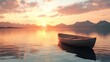 © hazia - Serene sunset over calm lake with small wooden rowboat. (1)
