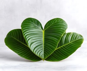 Canvas Print - Three large, vibrant green leaves arranged in a heart shape against a light gray marble background.