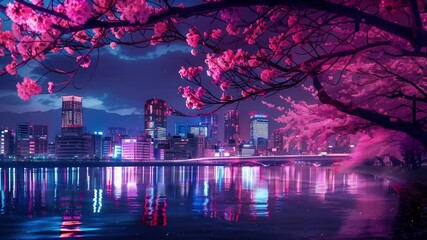 fantasy japanese night view city cityscape neon light seamless looping overlay 4k virtual video animation background