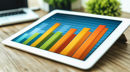 Poster - Tablet Analytics: Colorful bar graph displayed on a tablet, showcasing business growth and data analysis on a wooden desk.  