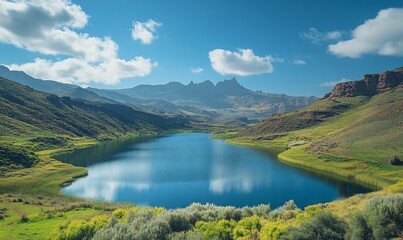 Wall Mural - Mountain lake serene landscape, sunny day