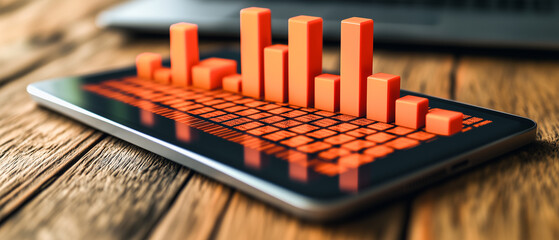 Poster - Mobile Growth: Red bar chart on smartphone screen, symbolizing upward trajectory and financial success in the digital age.  