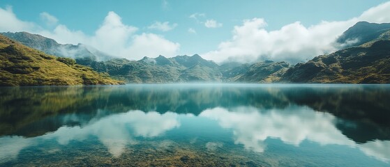 Wall Mural - Mountain lake reflection, serene landscape, calm water, peaceful nature scene