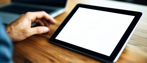Poster - Tablet Mockup: Man using tablet with blank screen on wooden table 