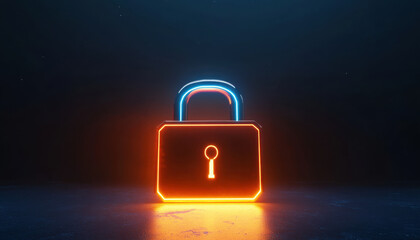 Canvas Print - glowing padlock with neon blue and orange accents symbolizes security and protection. This modern design represents advanced technology and safety measures in digital world