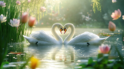 Wall Mural - serene scene featuring two swans forming heart shape in tranquil pond surrounded by blooming flowers. soft light creates romantic atmosphere