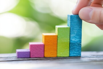 Poster - Colorful Wooden Blocks Representing Growth and Progress on a Green Background
