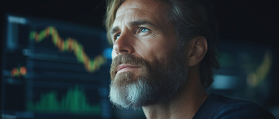 Poster - Strategic Analysis: A pensive businessman stares intently at financial charts, his focused expression reflecting the critical decision-making and market analysis that drives success.