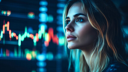 Poster - Strategic Vision: A woman thoughtfully analyzes financial data displayed on a large screen, her expression conveying focus and determination.