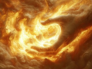 Fototapete - human figure begins take shape from flowing clay as divine hands guide blending process creating glowing and vibrant form amidst swirling patterns of light.