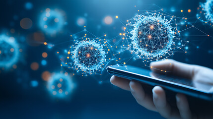 Poster - digital virus alert: a hand holds a smartphone, with a digital representation of viruses floating ab