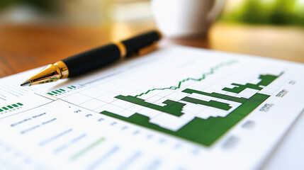 Poster - Financial Growth: A close-up image of a pen resting on a financial document, the green bar graph showcasing a clear upward trend, symbolizing growth, progress, and positive financial performance. 