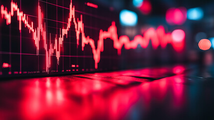 Poster - red hot stock market growth: a close-up of a vibrant red stock market graph, illuminated by colorful