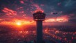 © Solikah - Sunset view of an airport control tower with an airplane in flight.