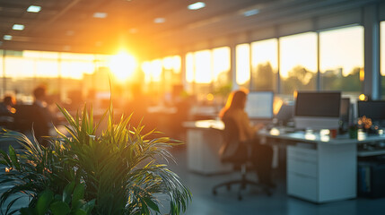 Poster - Golden Hour Productivity: A serene office setting bathed in the warm glow of the setting sun, with blurred figures working diligently at their desks, creating a sense of calm focus and accomplishment.