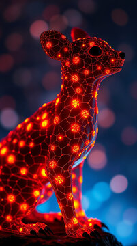 Glowing wireframe canine in vibrant red, set against a blurred bokeh background.  Digital art depicting a futuristic or technological animal.