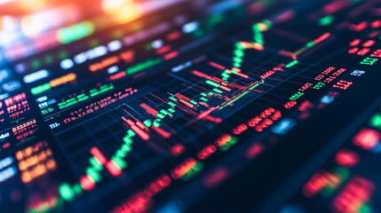 Poster - financial market dashboard: a close-up of a glowing computer screen displaying a dynamic stock marke